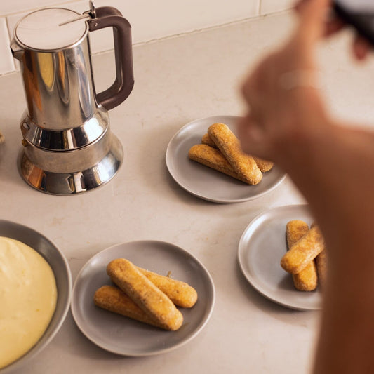 Dessert plates dinnerware by Fable Home, shown in a dovegray finish. – #dovegray