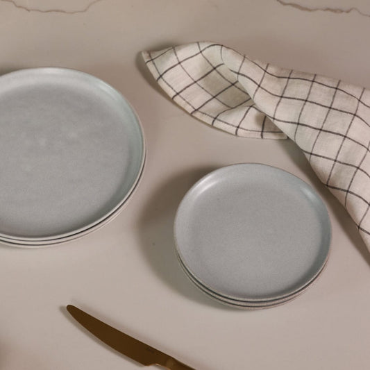 Dessert plates dinnerware by Fable Home, shown in a stoneblue finish. – #stoneblue