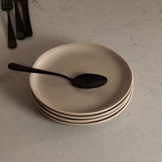 Dessert plates dinnerware by Fable Home, shown in a deserttaupe finish. – #deserttaupe