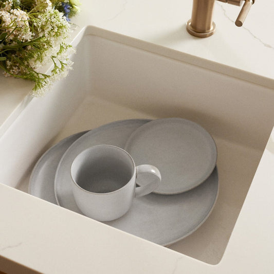 Dessert plates dinnerware by Fable Home, shown in a stoneblue finish. – #stoneblue