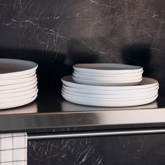 Dessert plates dinnerware by Fable Home, shown in a cloudwhite finish. – #cloudwhite