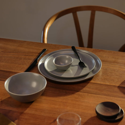 Dinner plates dinnerware by Fable Home, shown in a dovegray finish. – #dovegray
