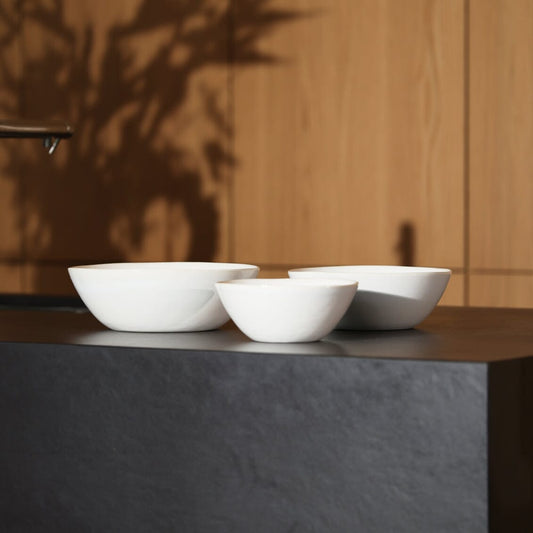 Nested serving bowls dinnerware by Fable Home, shown in a pearlwhite finish. – #pearlwhite