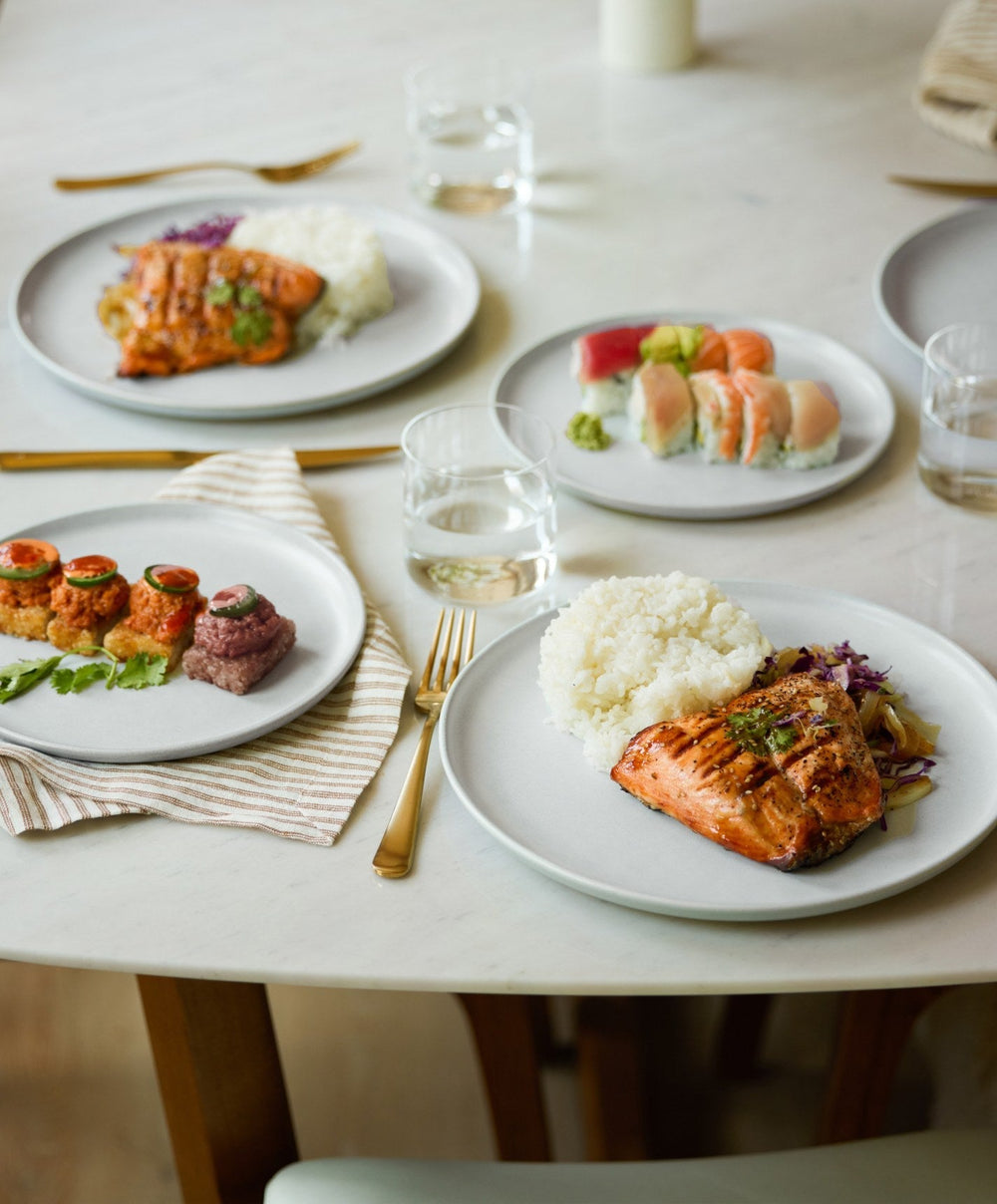 Dinnerware Set by Fable Home, shown in Stone Blue.