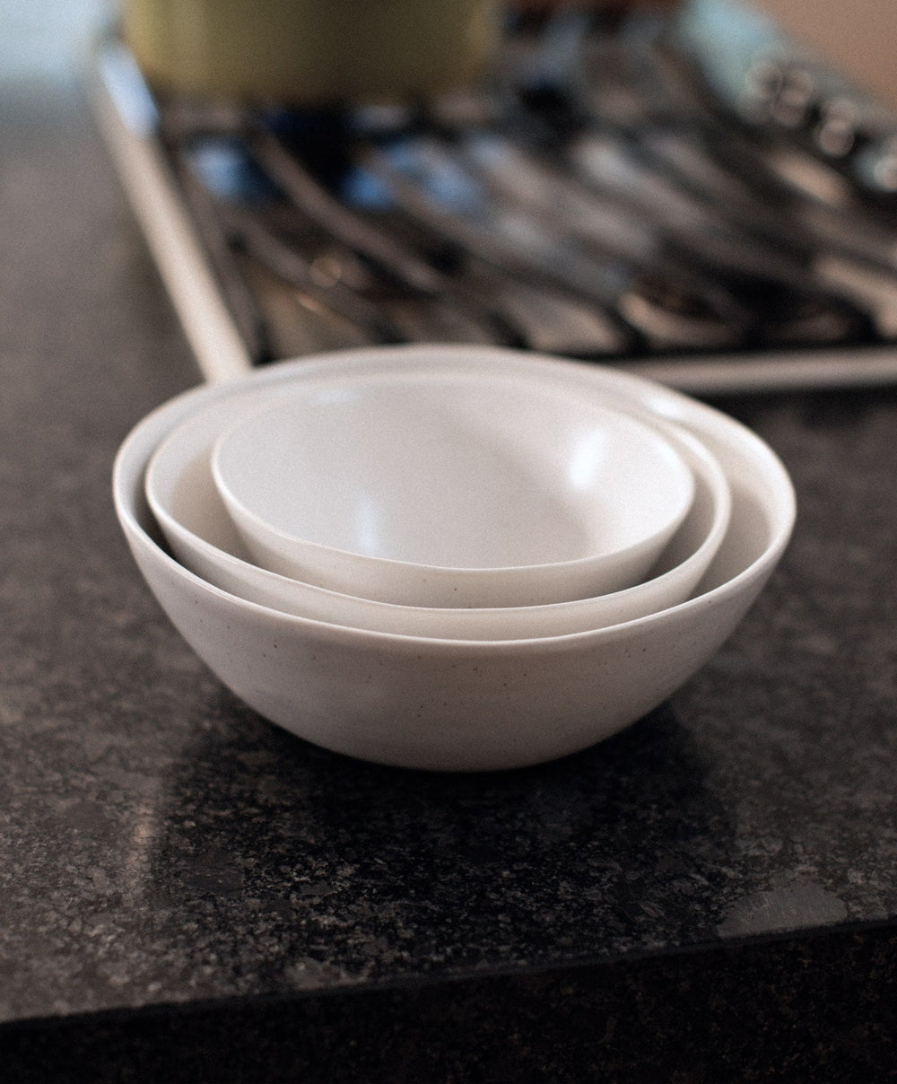 Nested Serving Bowls by Fable Home, shown in Speckled White.
