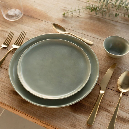 Salad plates dinnerware by Fable Home, shown in a beachgrassgreen finish. – #beachgrassgreen