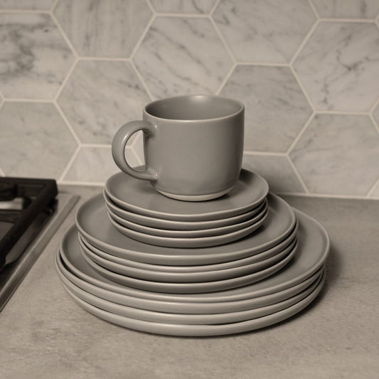 Salad plates dinnerware by Fable Home, shown in a dovegray finish. – #dovegray