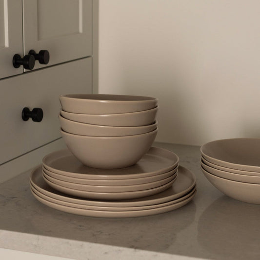 Salad plates dinnerware by Fable Home, shown in a deserttaupe finish. – #deserttaupe