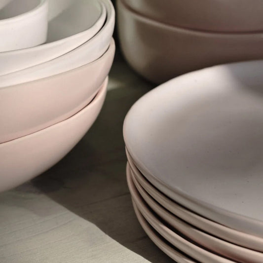Salad plates dinnerware by Fable Home, shown in a blushpink finish. – #blushpink